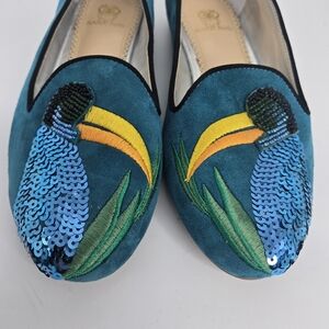 Rara Avis Iris Apfel Pelican Bird Loafer Flat Teal‎ Suede Leather Size 7 Sequins